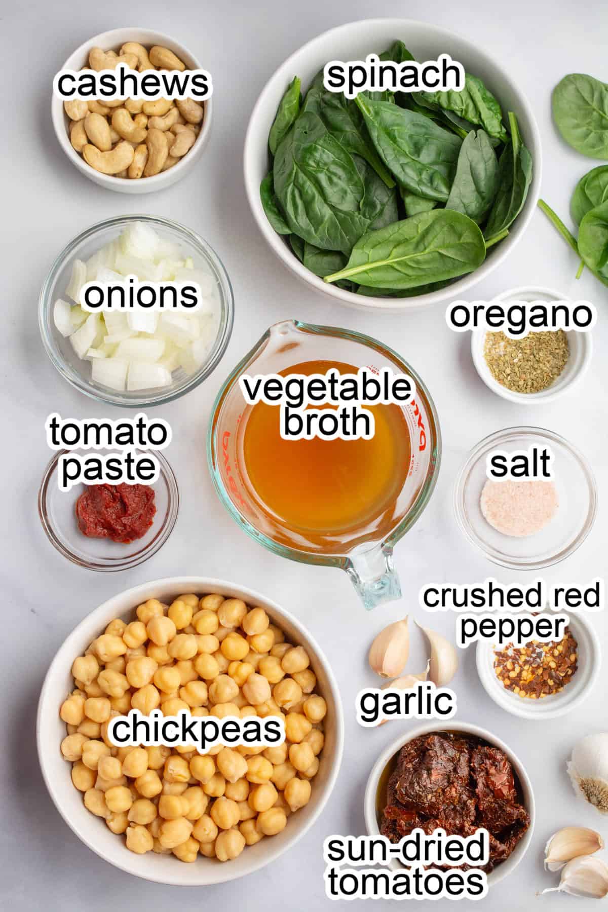 Bowls of ingredients to make marry me chickpeas.
