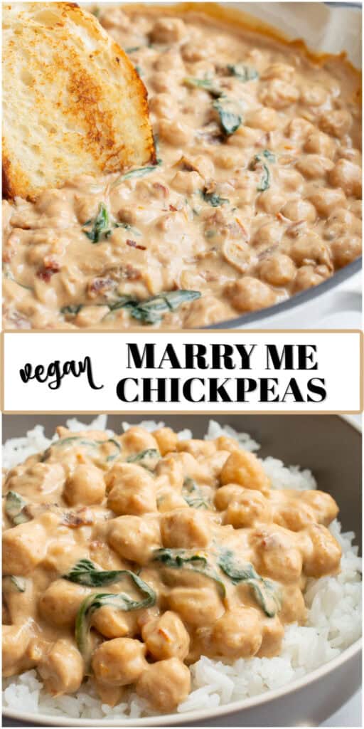 Two image collage of creamy chickpeas with toasted bread and a bowl of marry me chickpeas over rice.