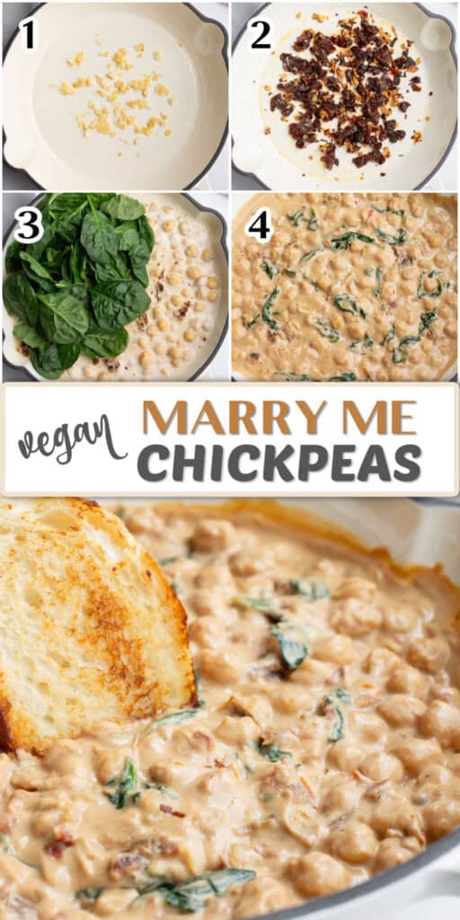 Four process images for making marry me chickpeas and one image of it in a skillet done.