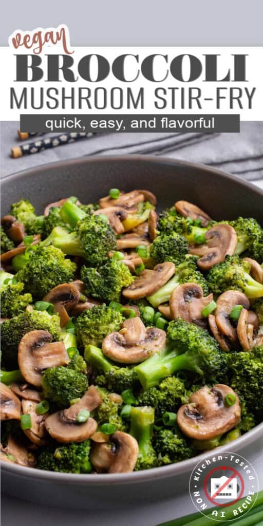 A serving bowl of broccoli mushroom stir-fry.