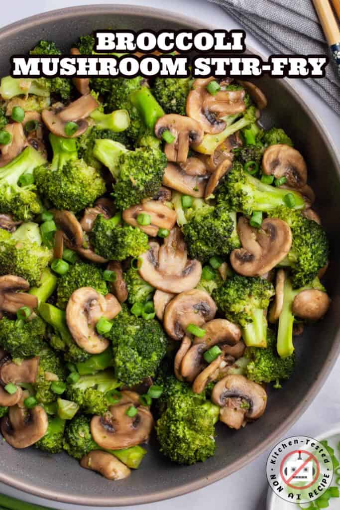 Mushrooms and broccoli in a serving bowl.