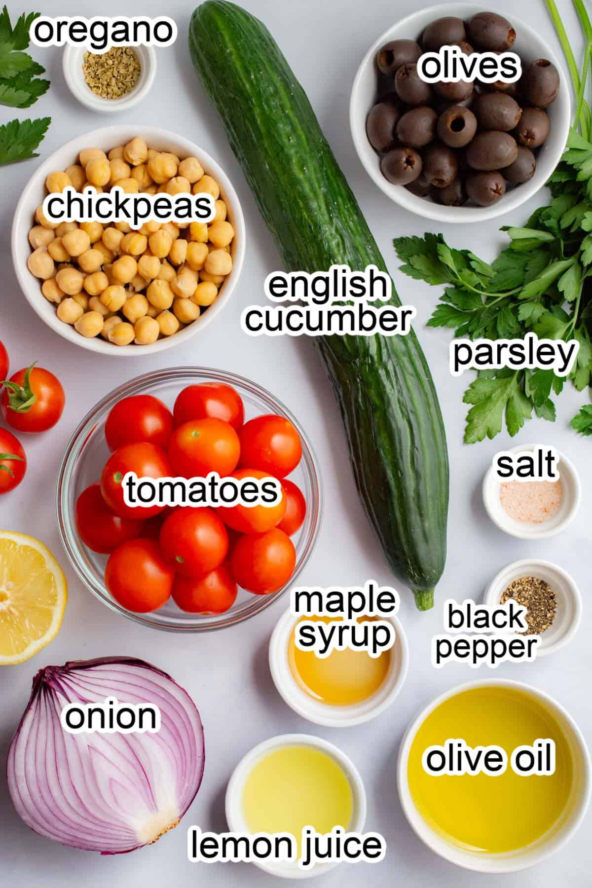 Ingredients to make Mediterranean cucumber salad.