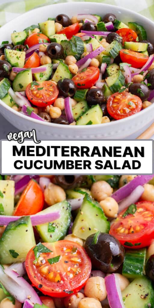 Image collage for Pinterest of vegan Mediterranean cucumber salad.